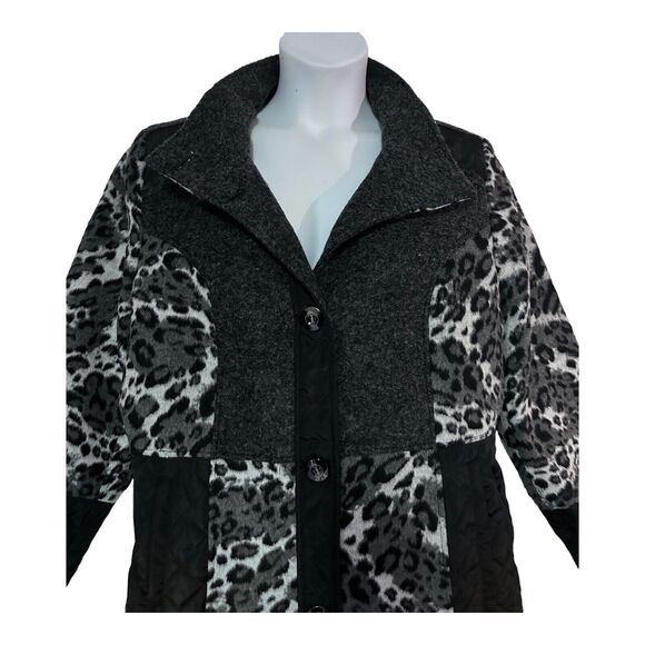 Midnight Velvet Quilted Mixed Media Gray Black Leopard Thigh Length Jacket - Picture 8 of 15